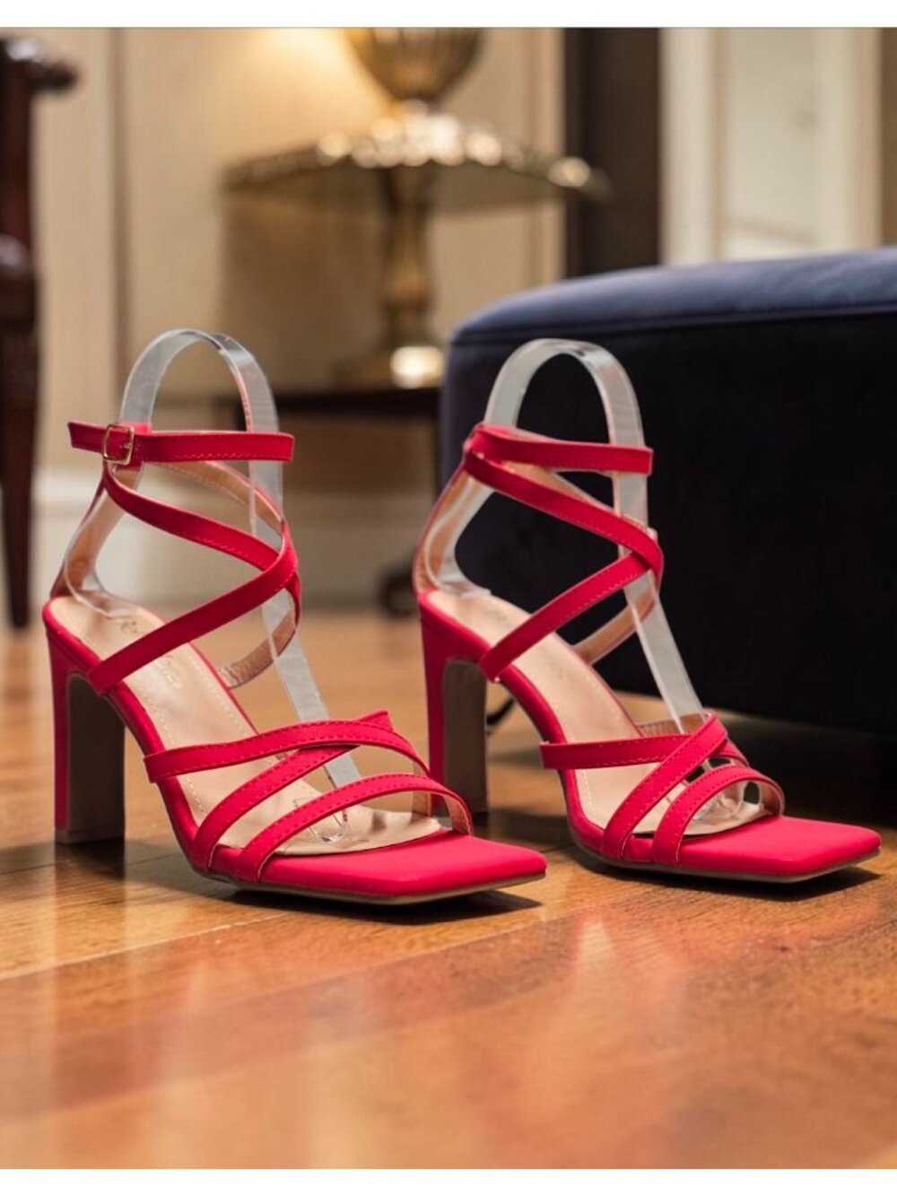 Red Strappy High-Heel Sandals With Square Toe & Adjustable Ankle Strap - Bella M